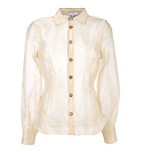 Ganni Cream Sheer Organza Long Sleeve Blouse